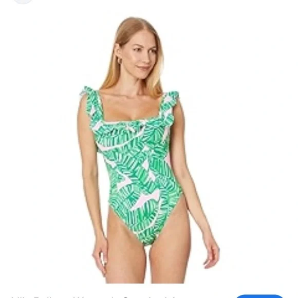 Aemma Ruffle One-Piece Swimsuit in Green & Conch Shell Pink - Picture 2 of 7